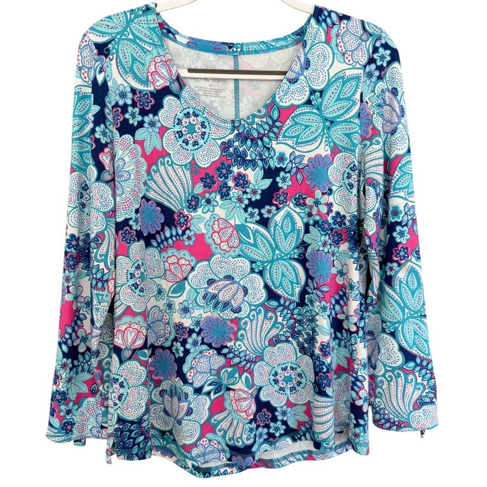 T by Talbots UPF 50+ Blue Pink Floral Convertible Sleeve Shirt Size Medium